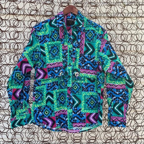 Vintage 80s 90s neon abstract geometric western cowgirl shirt MEDIUM - Picture 2 of 7